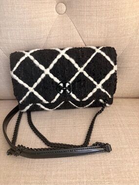 Tory Burch Black and White Tweed Quilted Shoulder Bag
